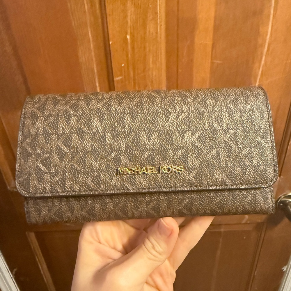 Michael Kors Brown Monogram Continental Wallet with Gold Logo